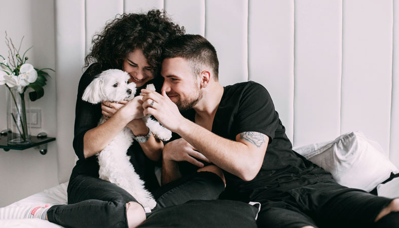 man and woman in black play with little white dog on bed
