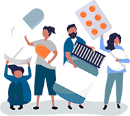 Illustration of a Group Of People Holding Pills In Hands