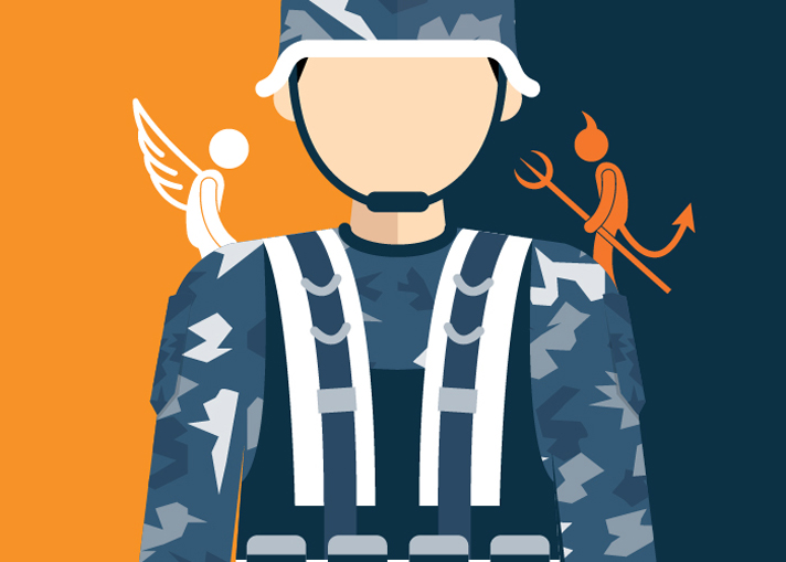 Illustration of a Soldier With an Angel and the Devil on His Shoulders