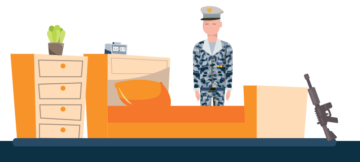 Tired Soldier Looking at His Bed