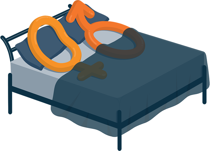 Male and Female Symbols Resting on Top of A Bed Illustration