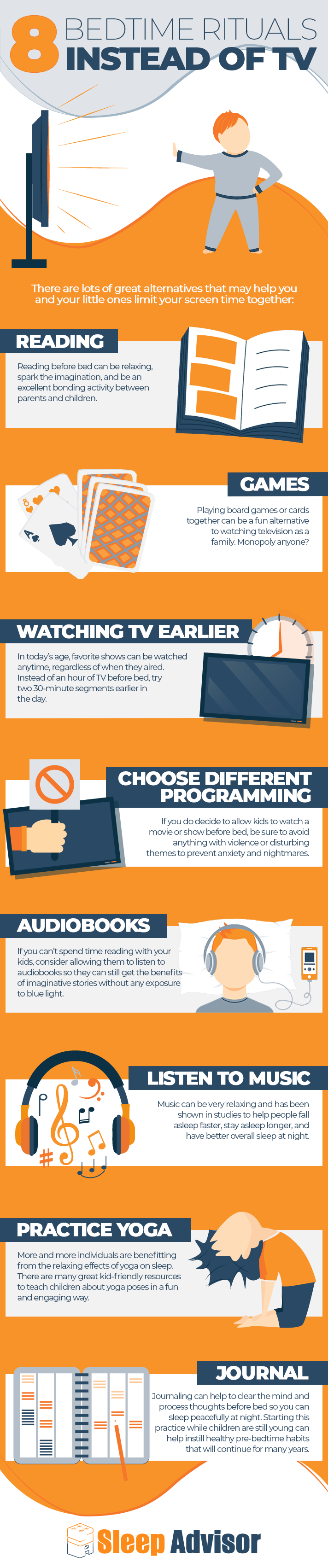 Dangers of TV Before Bedtime: What to Try Instead 3 8 Bedtime Rituals Instead of Watching TV Infographic
