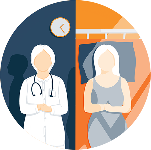 Illustration of a Female Doctor at Work and in Bed Illustration of a Female Doctor at Work and in Bed