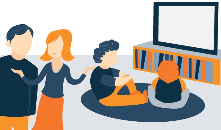Worried Parents Looking at Their Kids Watching Television Illustration