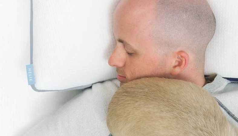 image of the helix pillow and a guy who sleeps on it with a furry friend