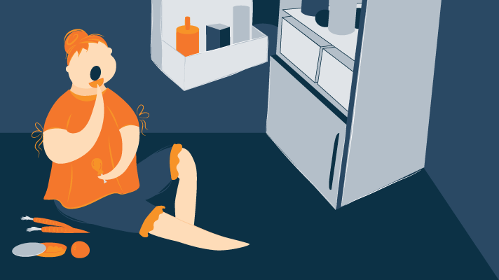 A Woman Surrounded by Food Sitting on a Kitchen Floor Illustration