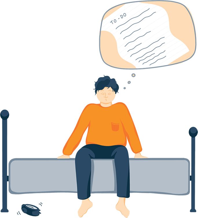 Illustration of A Man Sitting on the Edge of His Bed With a To-Do List Looming Over