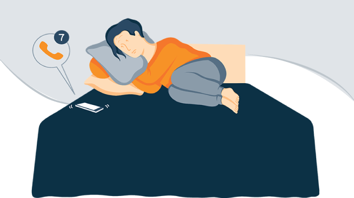 Illustration of A Woman Laying in Bed Curled into a Ball Looking Stressed