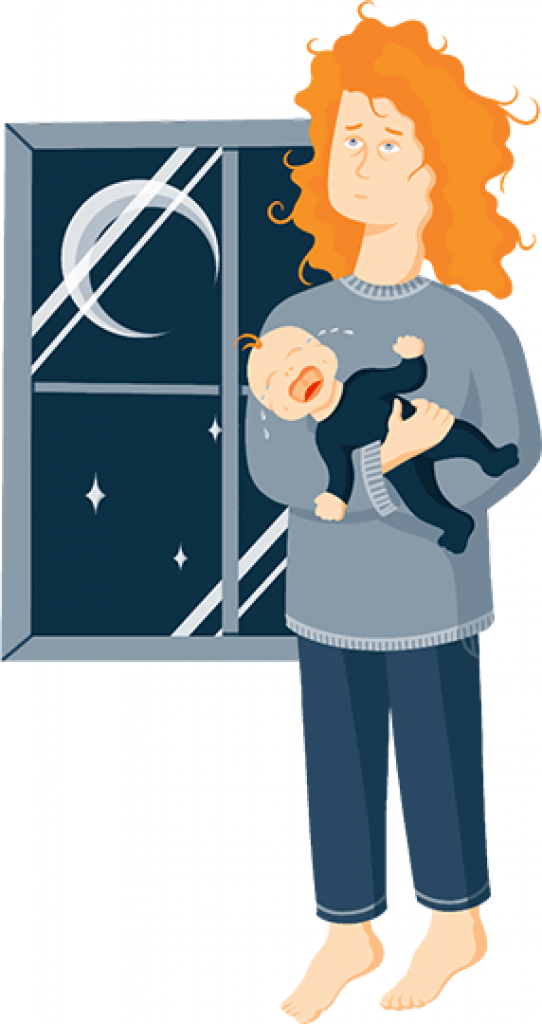 Illustration of Exhausted Mother Holding Her Crying Baby
