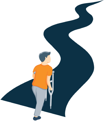 A Man Beginning to Walk Down a Long Road while Using Crutches Illustration