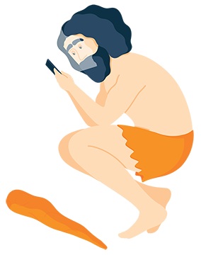 Illustration of A Caveman Holding a Phone up to His Face