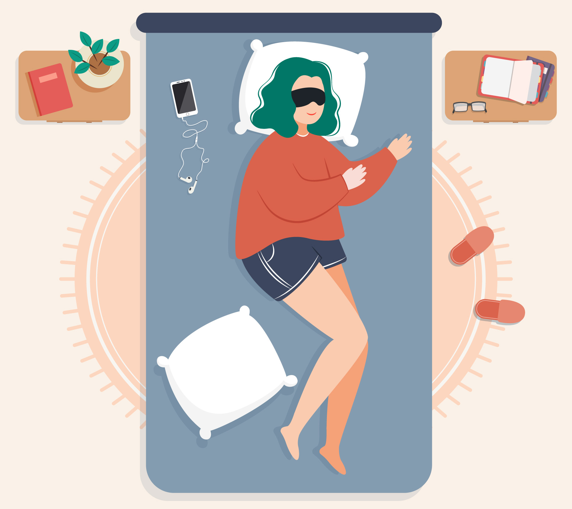 vector image of a young girl sleeping alone on the bed