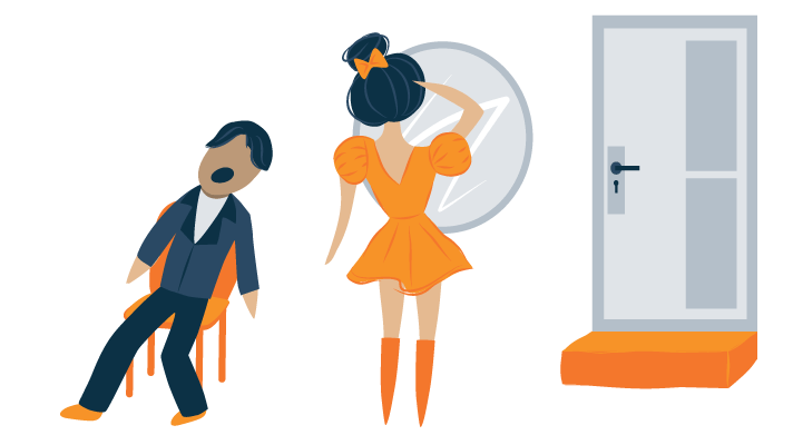 A Man Fully Dressed Sleeps in a Chair by a Door while a Woman is Getting Ready Illustration A Man Fully Dressed Sleeps in a Chair by a Door while a Woman is Getting Ready Illustration