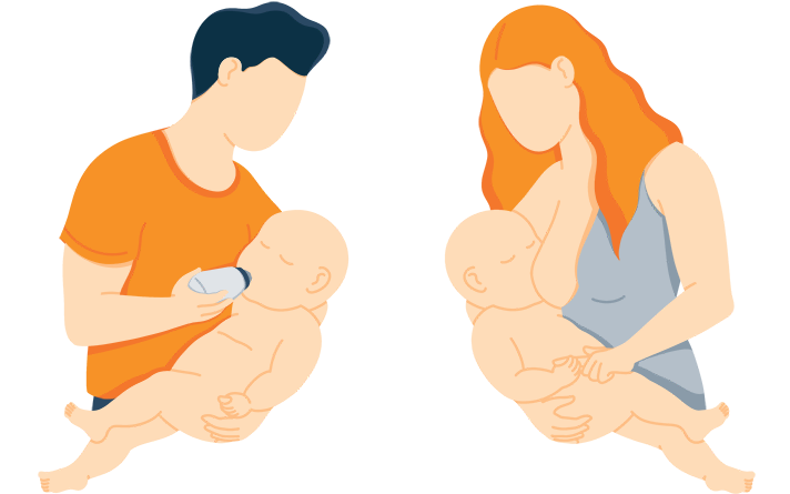 Illustration of a Mom Breastfeeding and Dad Giving a Bottle