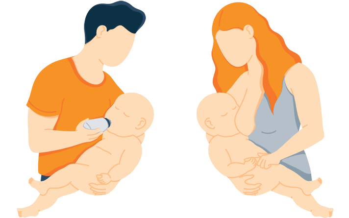 Illustration of a Mom Breastfeeding and Dad Giving a Bottle Illustration of a Mom Breastfeeding and Dad Giving a Bottle