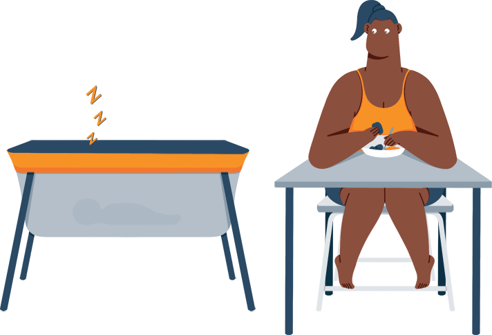 Mom Having a Lunch while Baby Is Sleeping in a Portable Crib Next to Her Illustration