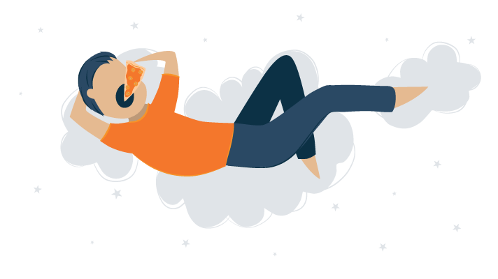 A Man Lying on a Cloud and Eating Pizza