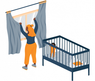 Woman Putting up Curtains in the Nursery Illustration Woman Putting up Curtains in the Nursery Illustration