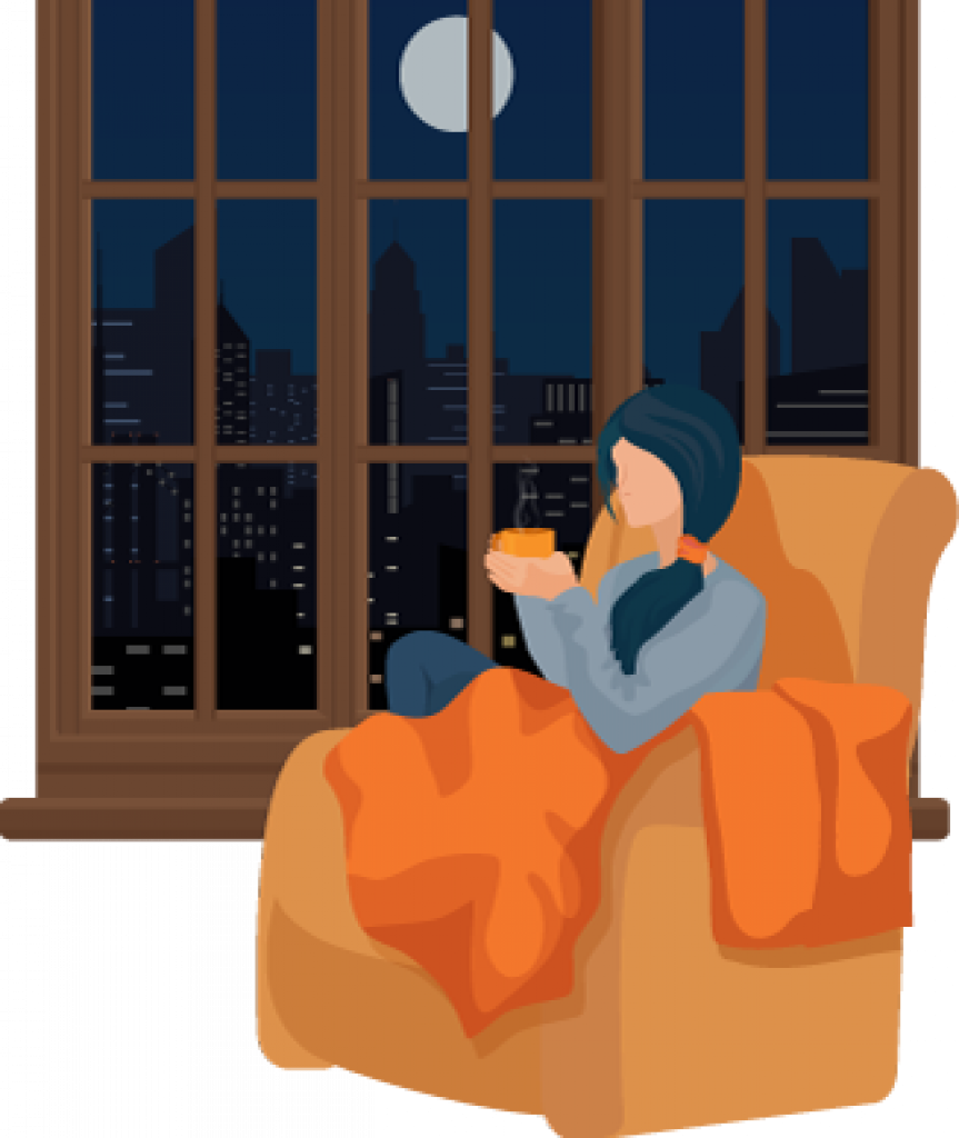 Young Woman Drinking Late Night Coffee Illustration