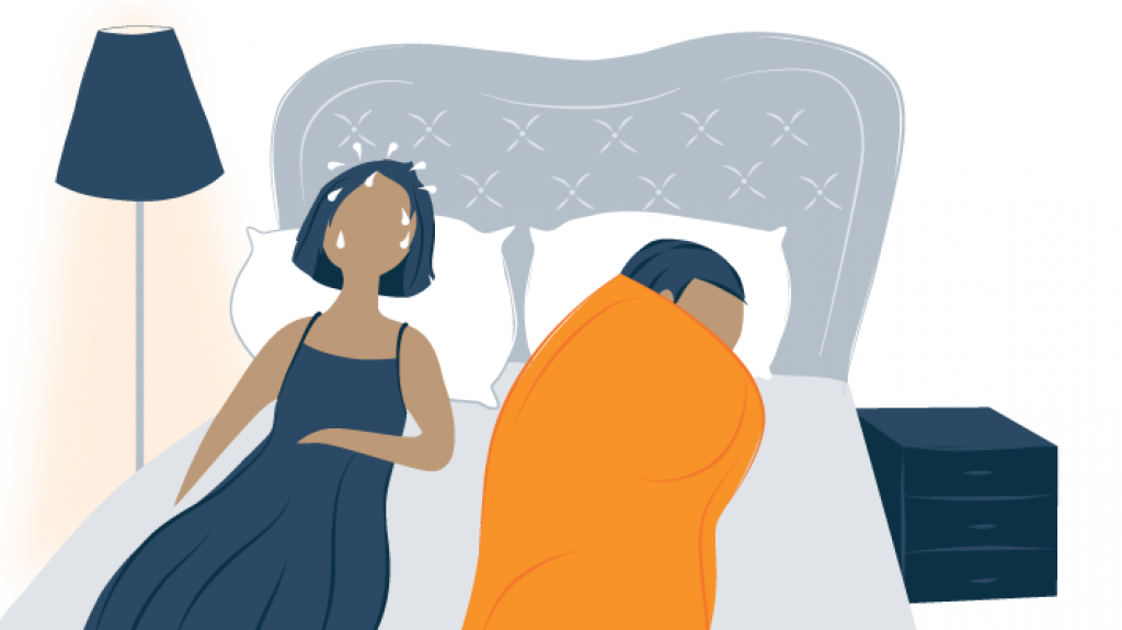 Sleep and Climate Change 2 illustration of a woman having hot flashes and night sweats