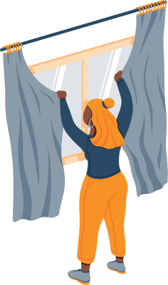 A Woman Putting on Curtains Illustration