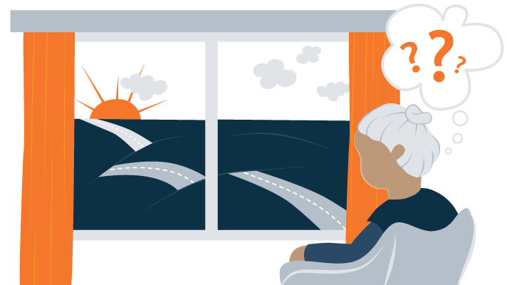 illustration of an older person looking at sundown and feeling confused illustration of an older person looking at sundown and feeling confused