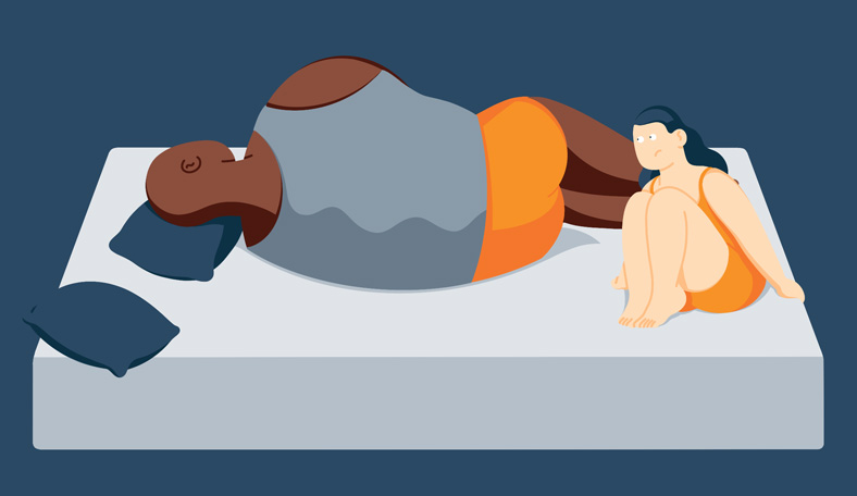 illustration of a couple with different body sizes sleeping in one bed