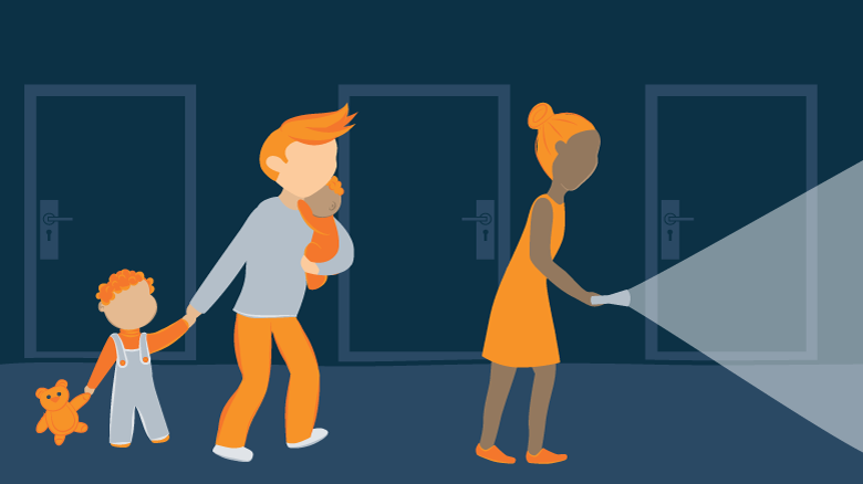 illustration of a family walks through a pitch black hallway