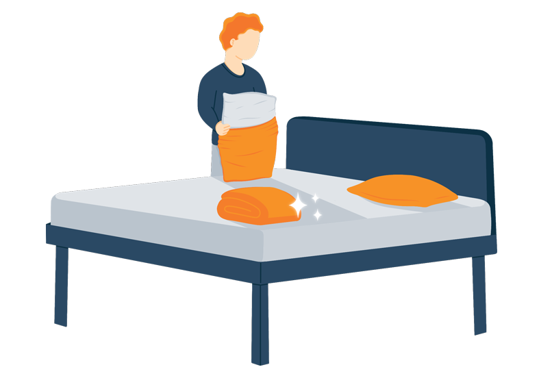 a person putting on clean bedding a person putting on clean bedding