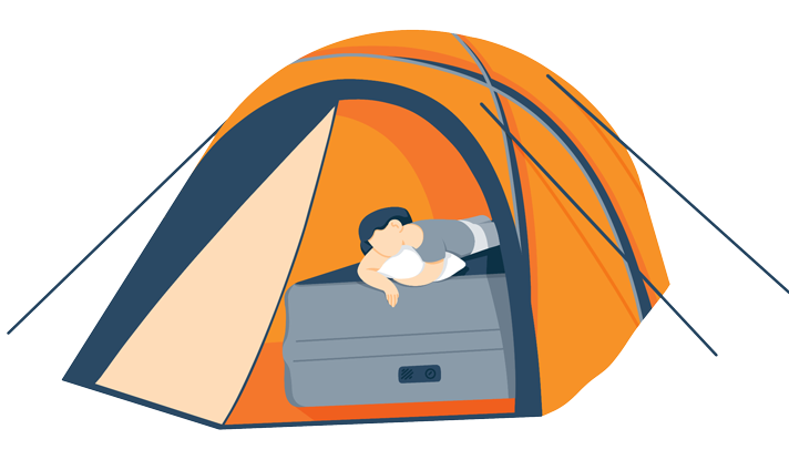 illustration of a person sleeping on air mattress while camping