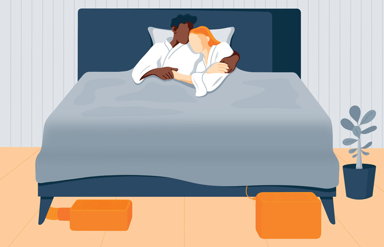 illustration of couple in bed with cooling system illustration of couple in bed with cooling system