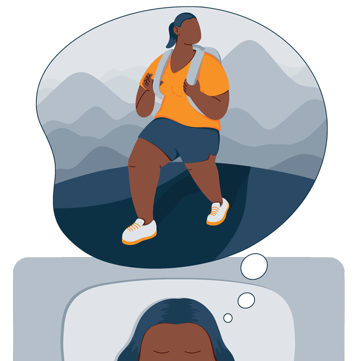 woman is having a dream about hiking and
