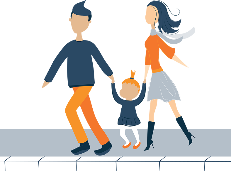 illustration of parents walking down the street with their daughter illustration of parents walking down the street with their daughter