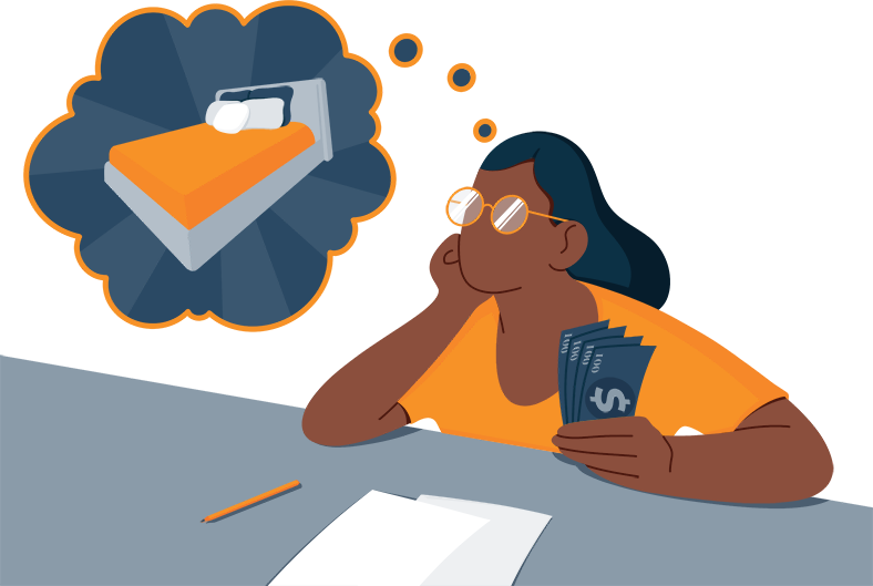 Illustration of a Woman Counting Her Savings While Thinking about New Bed Illustration of a Woman Counting Her Savings While Thinking about New Bed