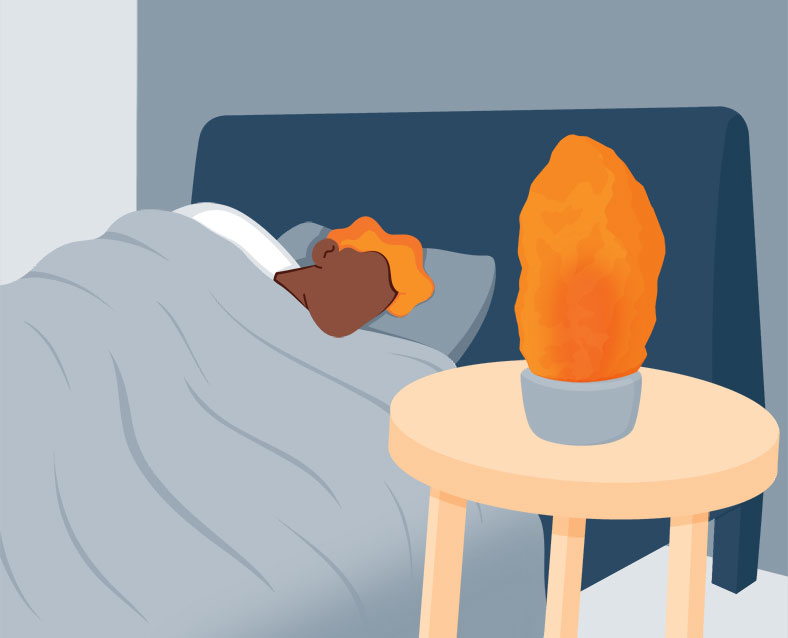 Illustration of a man sleeping in the room with the orange night light lamp on the table