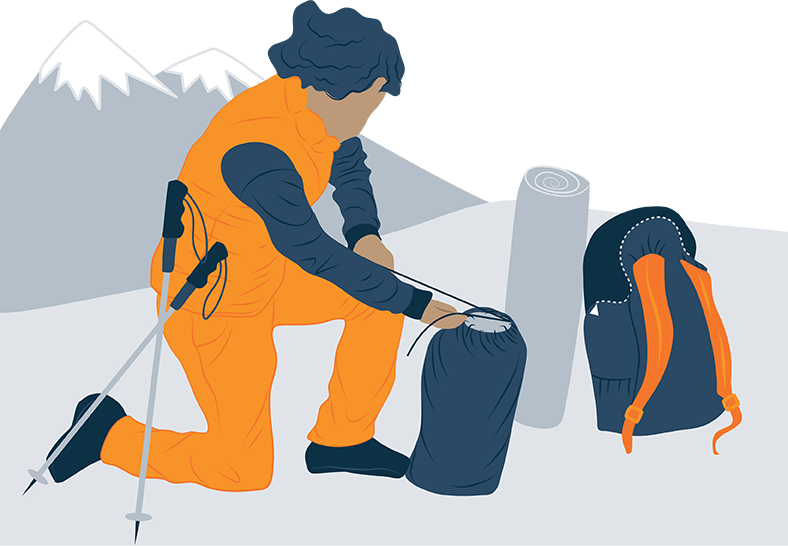 Woman packing her ultralight quilt into backpack illustration Woman packing her ultralight quilt into backpack illustration