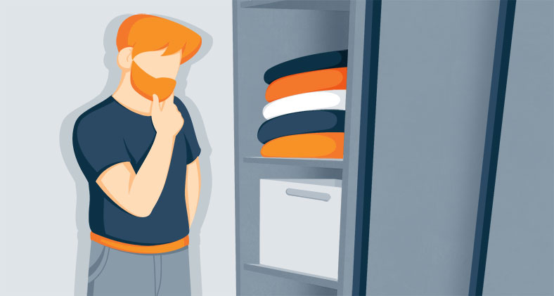 Illustration of a Man Looking at a Different Types of Blankets in His Closet