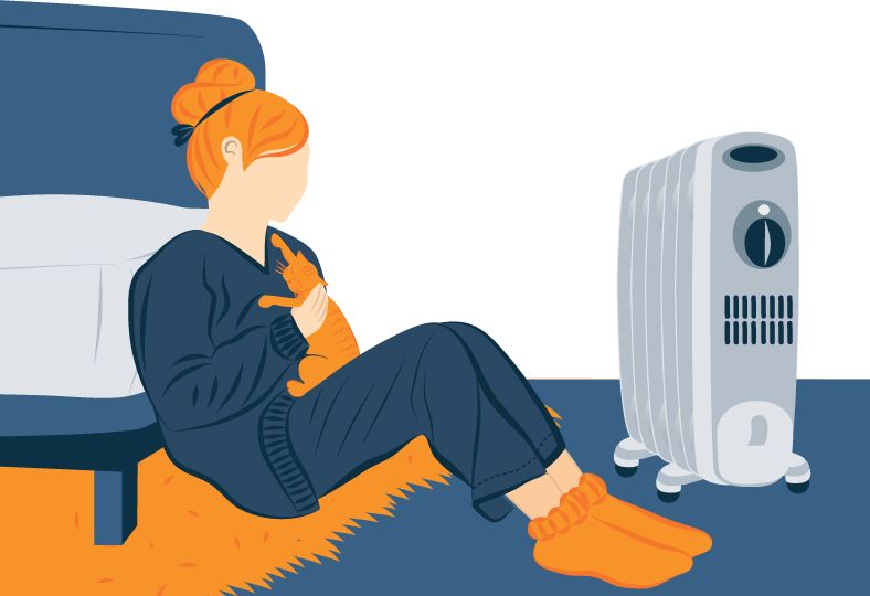 Illustration of a Woman Playing With Her Cat Next to Oil Filled Heater Illustration of a Woman Playing With Her Cat Next to Oil Filled Heater