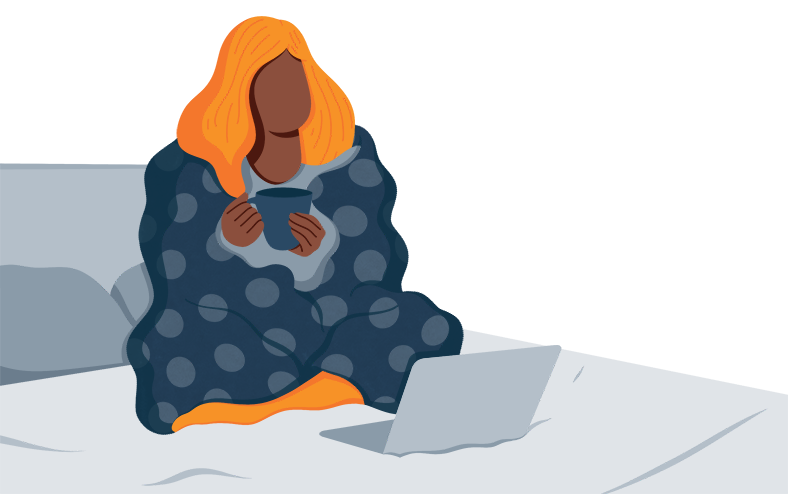 Illustration of a Woman Sitting on a Bed With a Throw Blanket Over Her Back