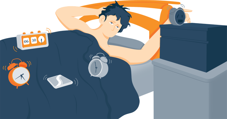 Deep Sleeper Trying to Wake Up With a Few Alarm Clocks Around Him Illustration Deep Sleeper Trying to Wake Up With a Few Alarm Clocks Around Him Illustration