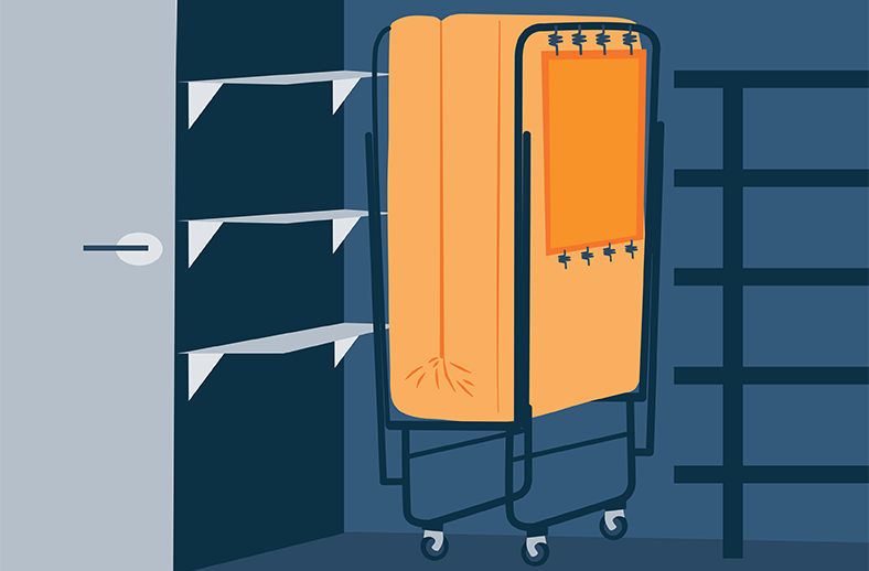 Illustration of a Folded rollaway bed in a small storage room