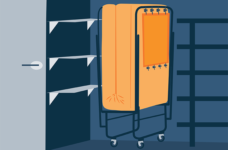Illustration of a Folded rollaway bed in a small storage room Illustration of a Folded rollaway bed in a small storage room