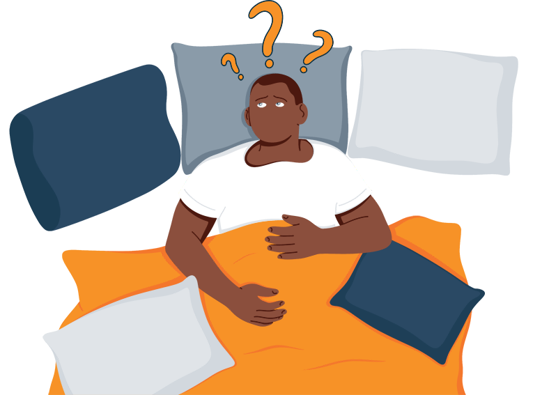 Illustration of a Man Lying Down on a Few Pillows Looking Worried about Somehing