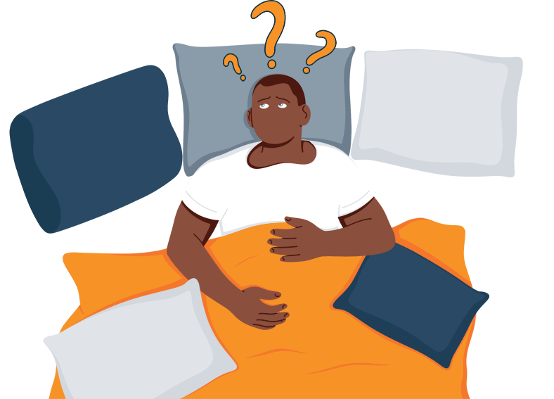 Illustration of a Man Lying Down on a Few Pillows Looking Worried about Somehing Illustration of a Man Lying Down on a Few Pillows Looking Worried about Somehing