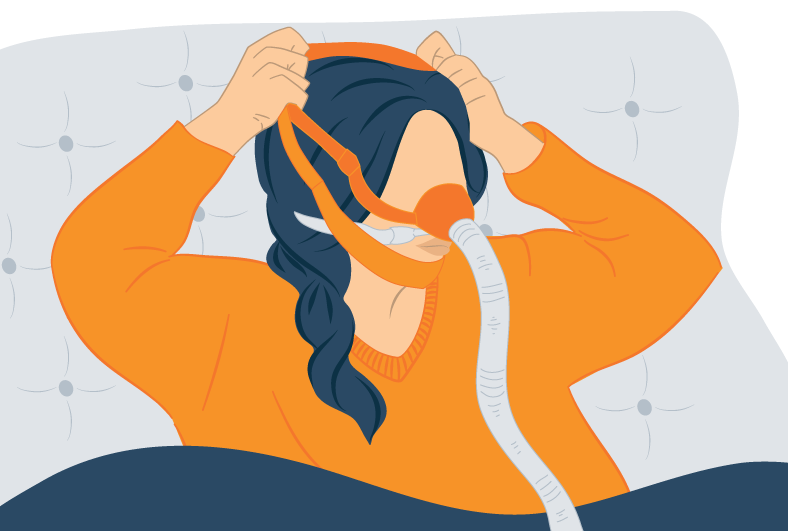 Illustration of a Woman Putting CPAP Chin Strap On Illustration of a Woman Putting CPAP Chin Strap On