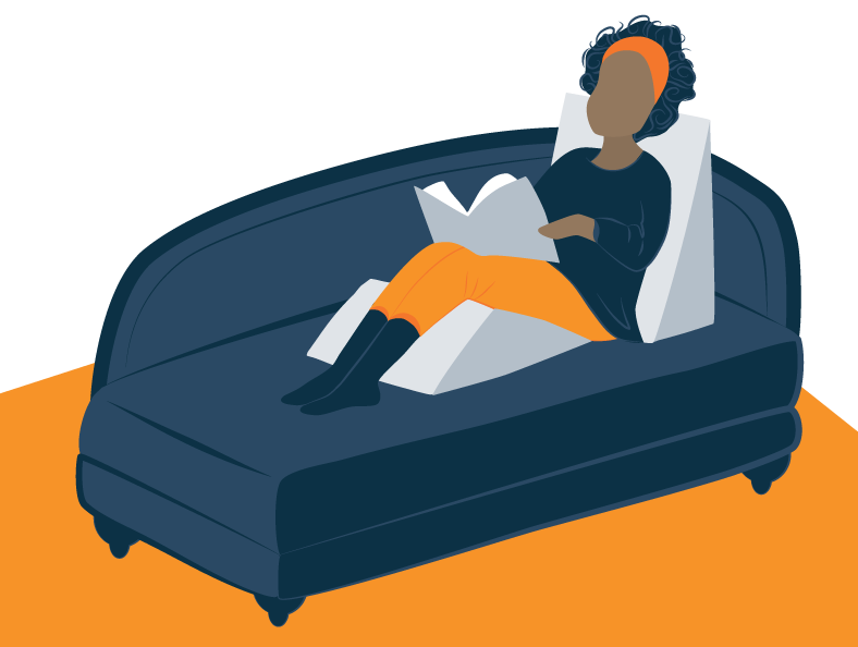 Illustration of a Woman Reading On a Couch With a Wedge Pillows Behind Her Back and Under Her Knees Illustration of a Woman Reading On a Couch With a Wedge Pillows Behind Her Back and Under Her Knees