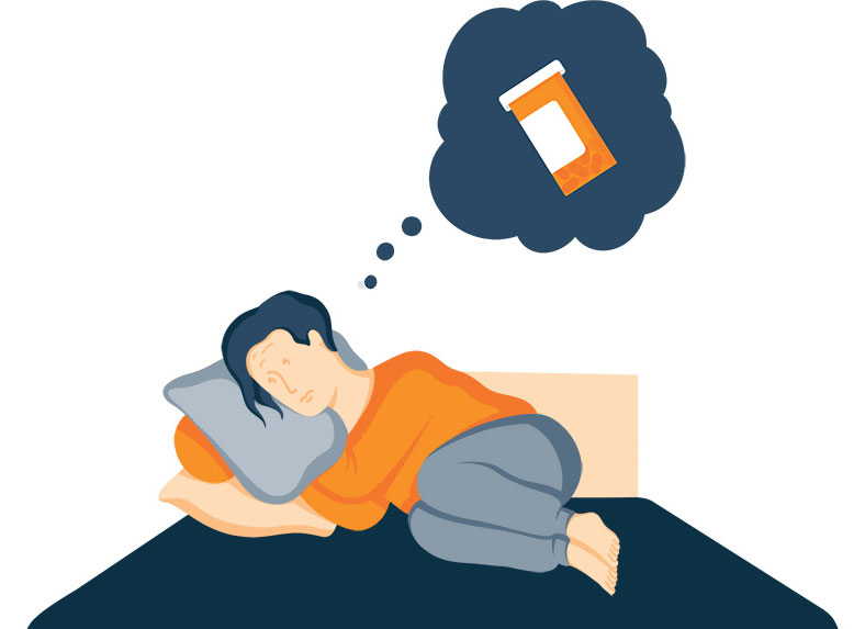 Illustration of a Woman in Bed Thinking about Pills Medications That Can Help You Sleep