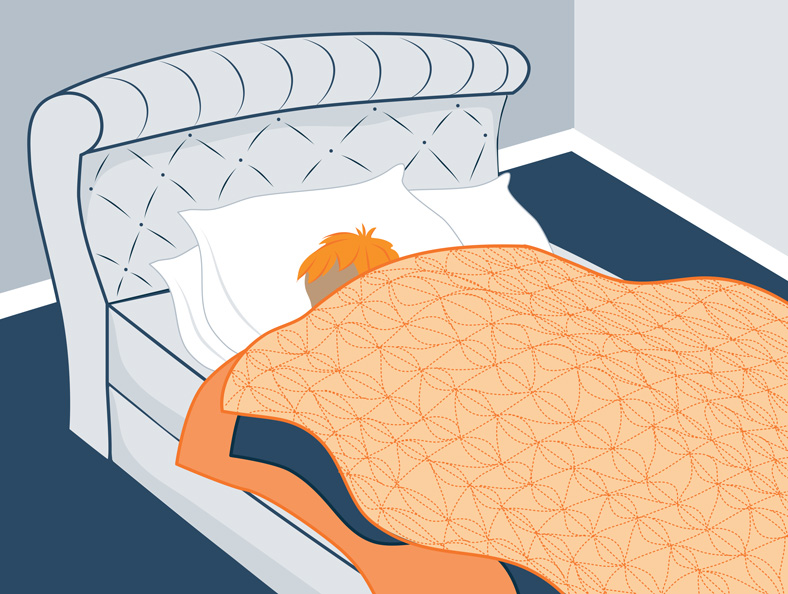 Illustration of a person sleeping under the layers of blankets