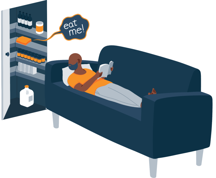 Illustration of a Man Thinking About Food While Lying Down on Couch