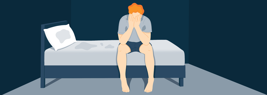 Animated Illustration of a Man Covered in Sweat Sitting on the Edge of His Bed